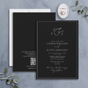QR Code Modern Black White Calligraphy Monogram In Invitation