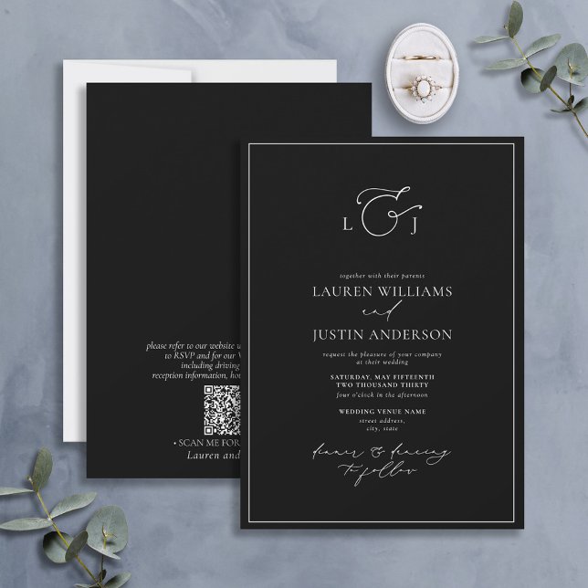 QR Code Modern Black White Calligraphy Monogram In Invitation (Creator Uploaded)