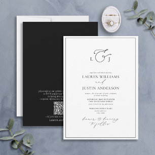 QR Code Modern Black White Calligraphy Monogram Invitation