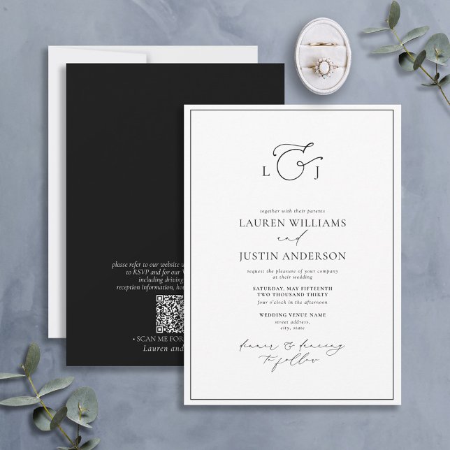 QR Code Modern Black White Calligraphy Monogram Invitation (Creator Uploaded)