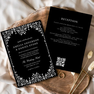 QR Code Modern Black & White Minimal Leaf Wedding  Invitation