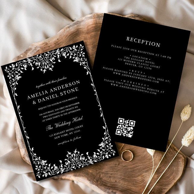 QR Code Modern Black & White Minimal Leaf Wedding  Invitation (Creator Uploaded)
