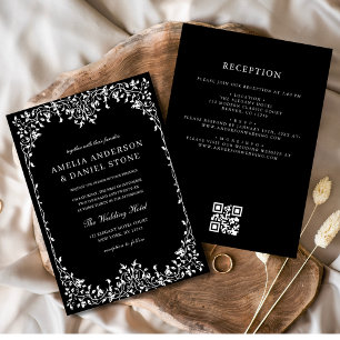 QR Code Modern Black & White Minimal Leaf Wedding  Invitation
