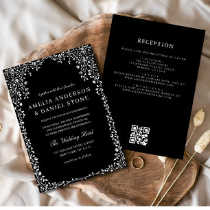 QR Code Modern Black & White Minimal Leaf Wedding  Invitation