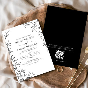QR Code Modern Black & White Minimal Leaf Wedding  Invitation