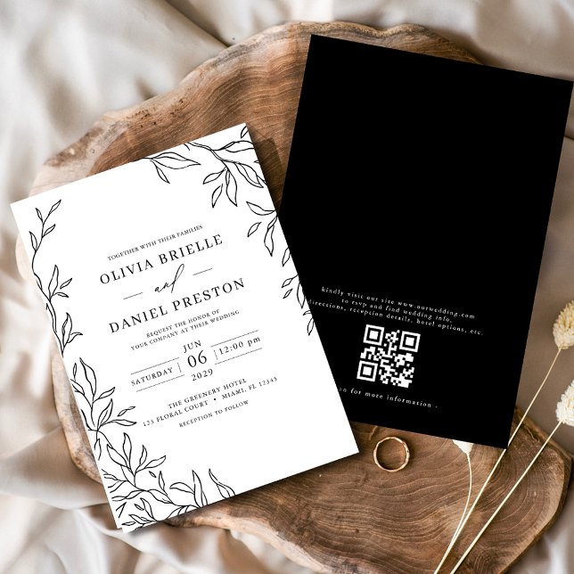 QR Code Modern Black & White Minimal Leaf Wedding  Invitation (Creator Uploaded)