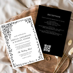 QR Code Modern Black & White Minimal Leaf Wedding  Invitation