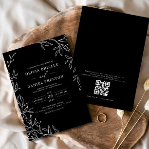 QR Code Modern Black & White Minimal Leaf Wedding  Invitation