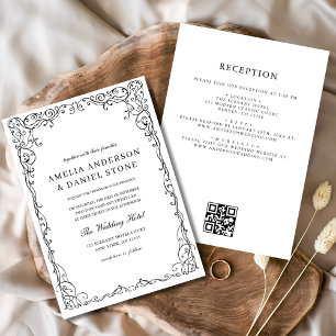 QR Code Modern Black & White Minimal Wedding Invitation