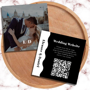 QR Code Modern Black White Side Wave Photo Wedding Enclosure Card