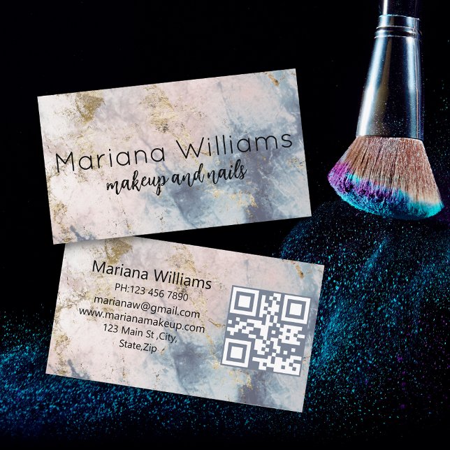 qr code modern blue gold marble makeup and nails  business card (Creator Uploaded)