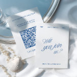 QR Code Modern Blue & White Wedding RSVP Card<br><div class="desc">A blue wedding RSVP card with a bold handwritten script front and a clean white back featuring a QR code for easy online responses. Fully customizable with your names, date, QR code, location and reply deadline. Part of the coordinated wedding collection "Florence" — explore matching stationery pieces to complete your...</div>
