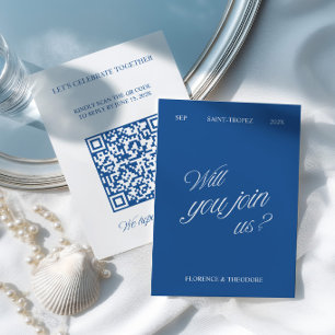 QR Code Modern Blue & White Wedding RSVP Card