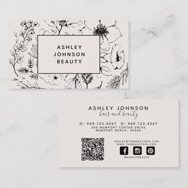 QR Code Modern Botanical Blush and Black Business Card (Front/Back)