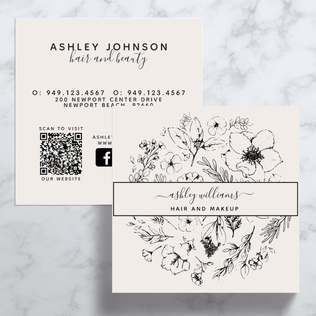 QR Code Modern Botanical Blush Black Social Media Square Business Card (QR Code Social Media Business Card)
