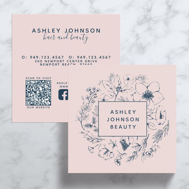 QR Code Modern Botanical Blush Pink Navy Blue Square Business Card (QR Code Social Media Business Card)