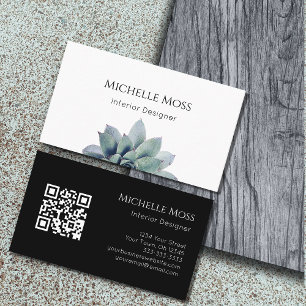 QR code Modern Botanical Greenery Black White Business Card