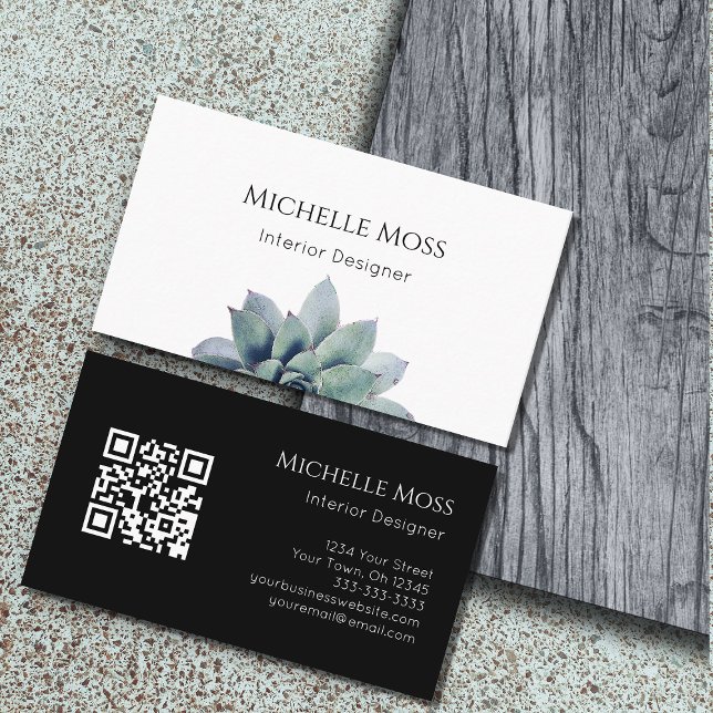 QR code Modern Botanical Greenery Black White Business Card (Creator Uploaded)