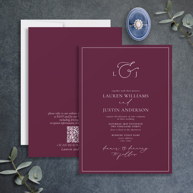 QR Code Modern Burgundy Calligraphy Monogram Invit Invitation (Creator Uploaded)