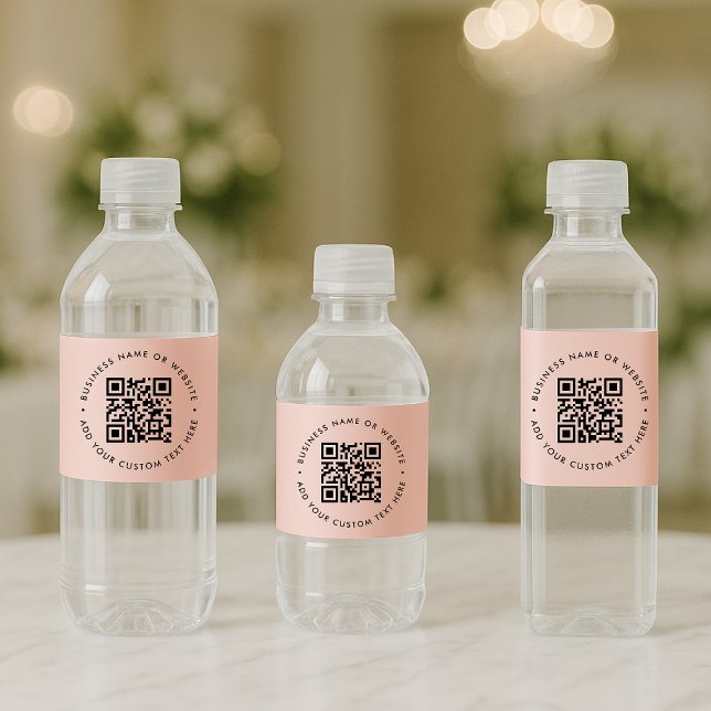 QR Code | Modern Business Blush Pink Round  Water Bottle Label (Interactive editable QR code water bottle label wrap to promote your business, products or services.)