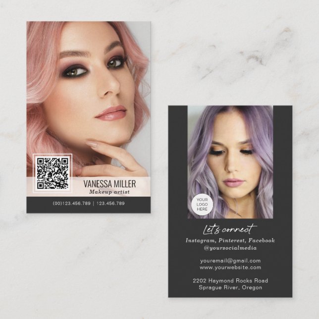 QR Code modern business cards for makeup artist  (Front/Back)
