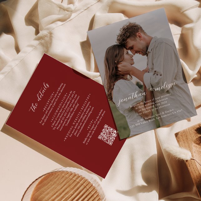 QR code Modern Cranberry Red Photo Script Wedding Invitation (Creator Uploaded)