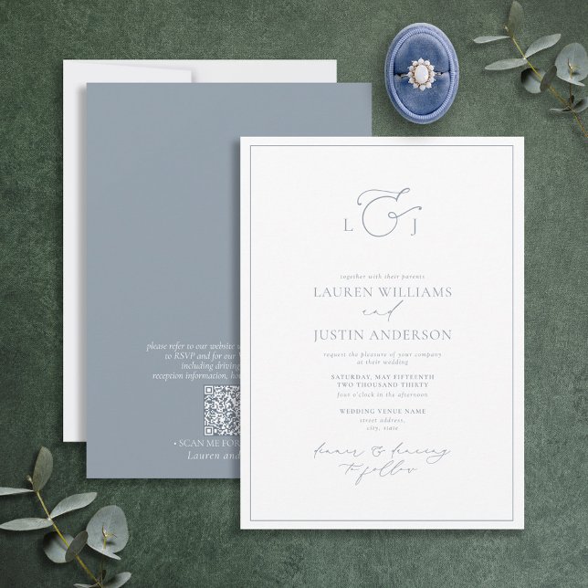 QR Code Modern Dusty Blue Calligraphy Monogram Invitation (Creator Uploaded)