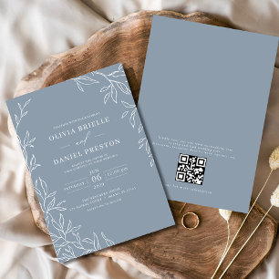 QR Code Modern Dusty Blue Minimal Leaf Wedding Invitation