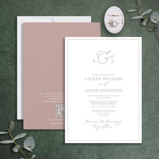 QR Code Modern Dusty Rose Calligraphy Monogram Invitation (Creator Uploaded)