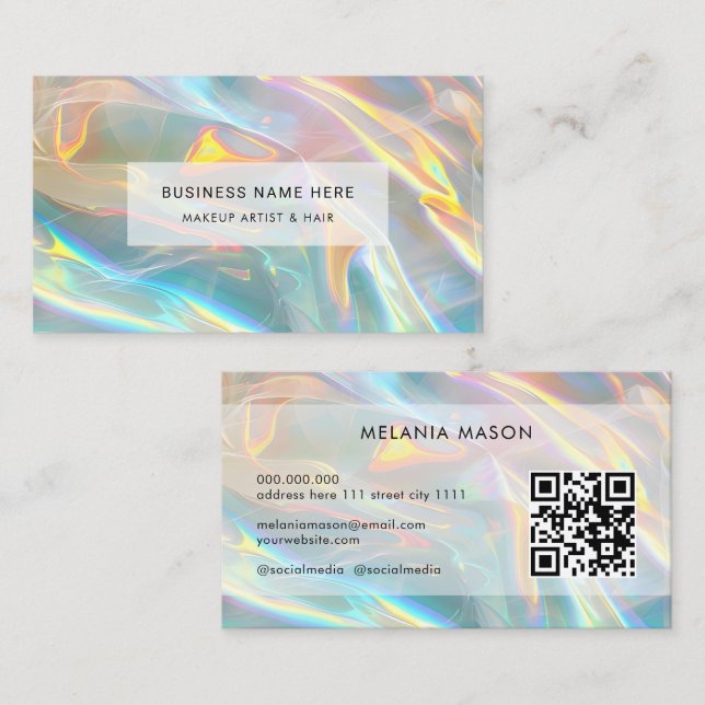 QR Code Modern Elegant Holographic Irediscent Business Card (Front/Back)