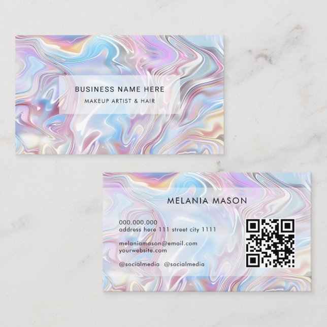 QR Code Modern Elegant Holographic Marble Pastel Business Card (Front/Back)