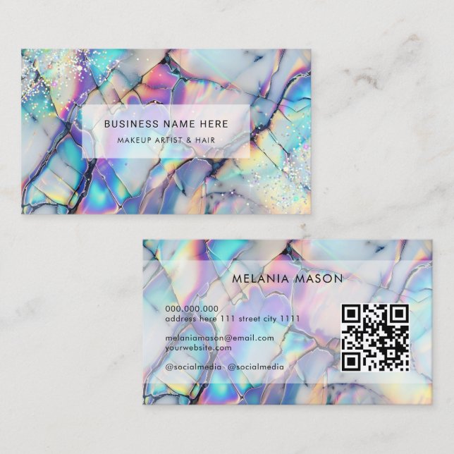 QR Code Modern Elegant Holographic Marble Stone Business Card (Front/Back)