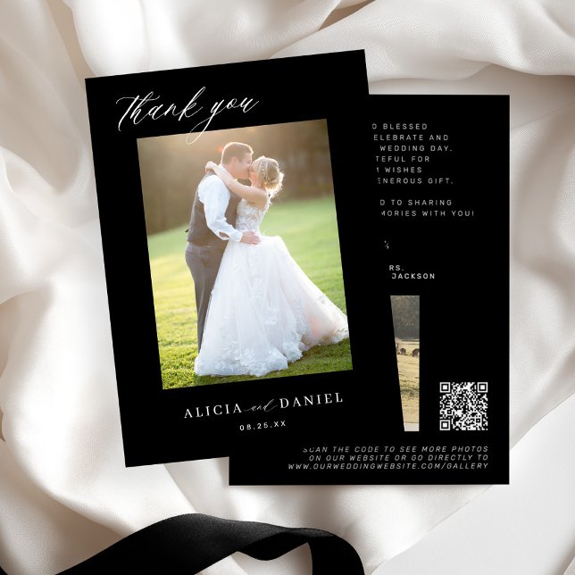 QR CODE modern elegant script photo black wedding Thank You Card (Creator Uploaded)