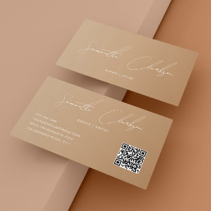 QR Code Modern Full Boho Beige Handwritten Script Business Card