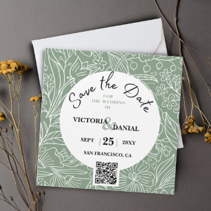 QR Code Modern Green Floral Calligraphy Wedding