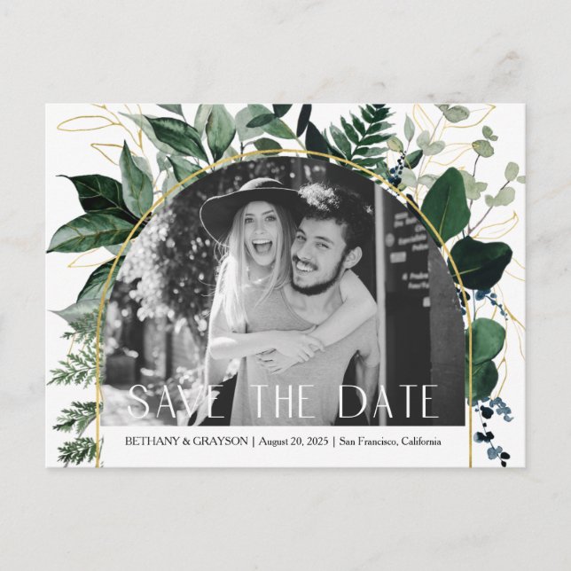 QR code Modern Greenery leaves Photo save the date Announcement Postcard (Front)