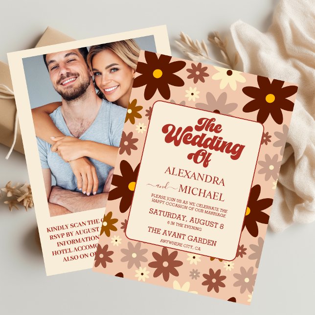 QR Code Modern Groovy Retro 70s Floral Wedding Invitation (Creator Uploaded)