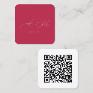 QR Code Modern Hot Pink & White Handwritten Script Square Business Card