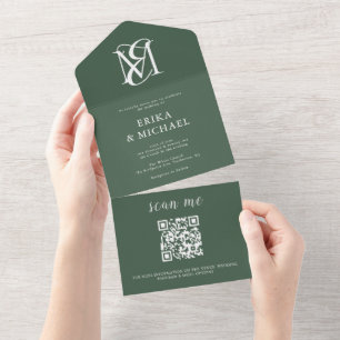 QR Code Modern Minimal Forest Green Wedding All In One Invitation