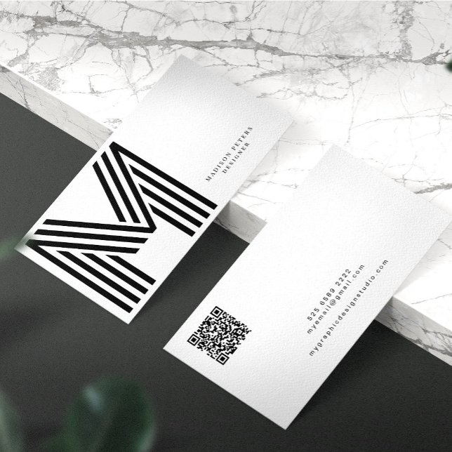 QR code modern minimalist black and white monogram Business Card (Creator Uploaded)