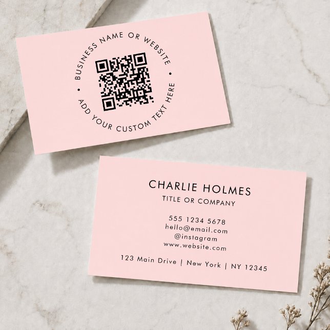 QR Code | Modern Minimalist Blush Pink Business Card (Interactive editable QR code business cards to promote your business, products or services.)