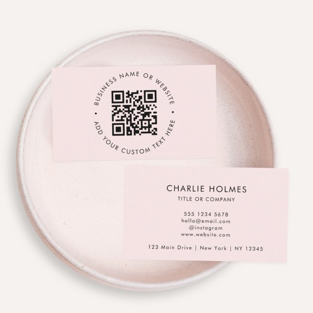 QR Code | Modern Minimalist Blush Pink Business Card (Interactive editable QR code business cards to promote your business, products or services.)
