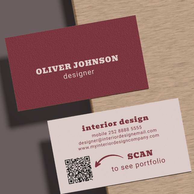 QR code modern minimalist bold typography burgundy Business Card (Creator Uploaded)