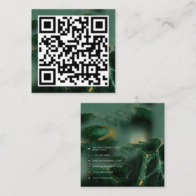 QR Code Modern Minimalist  Business Green Marble Calling Card (Front/Back)