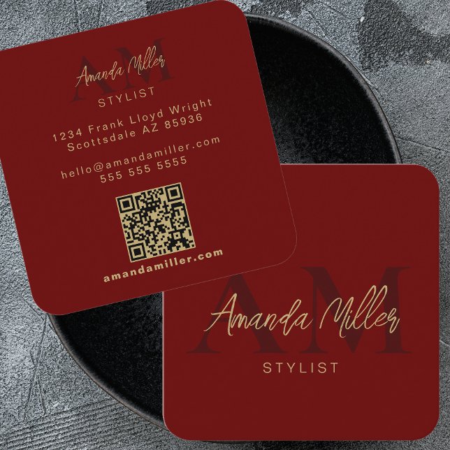 QR Code Modern Minimalist Monogram Vertical Black Square Business Card (Creator Uploaded)