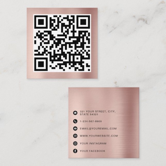 QR Code Modern Minimalist Rose Gold Pink Square Business Card (Front/Back)