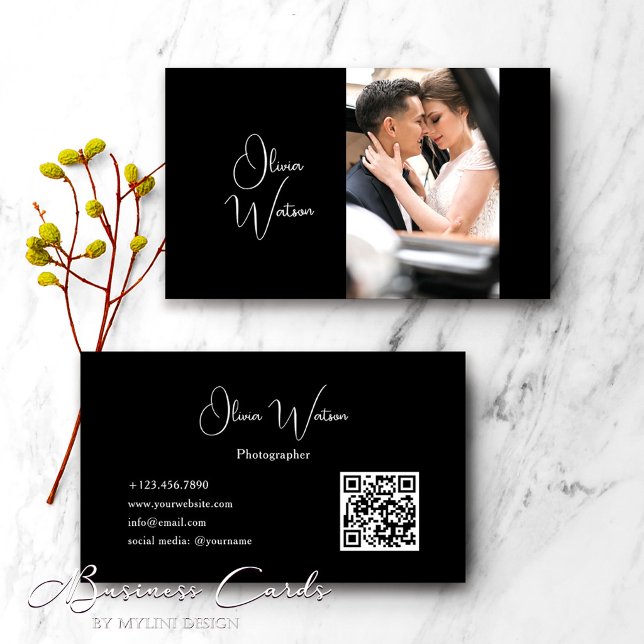 QR Code Modern Minimalist Script Photographer Business Card (Creator Uploaded)