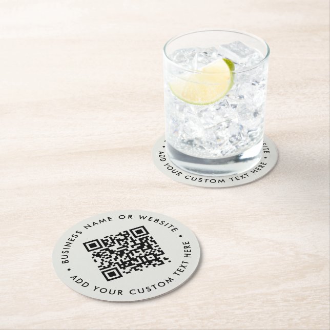 QR Code | Modern Minimalist Simple Grey Scannable Round Paper Coaster (Insitu)