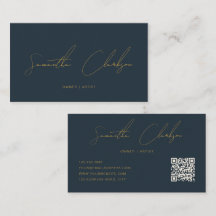 QR Code Modern Navy Blue & Gold Handwritten Script