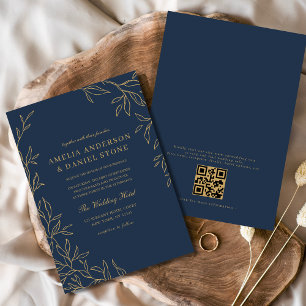 QR Code Modern Navy Blue Gold Minimal Wedding Invitation